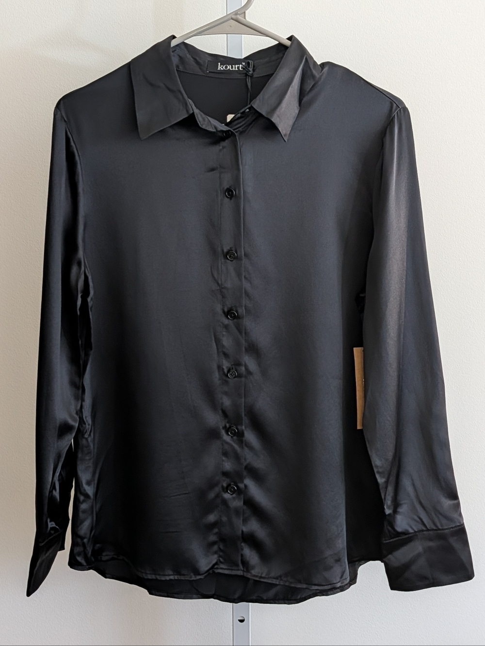 NWT Kourt Black Satin Button-Up Shirt - Picture 2 of 4